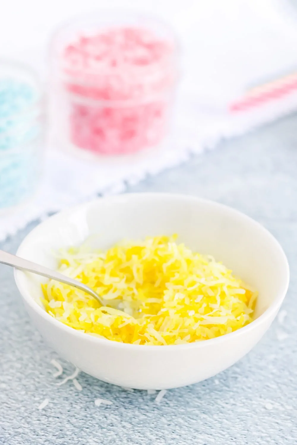 Yellow shredded coconut.