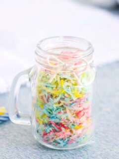 jar of shredded coconut for confetti sprinkles
