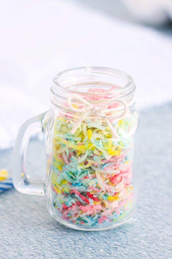 jar of shredded coconut for confetti sprinkles