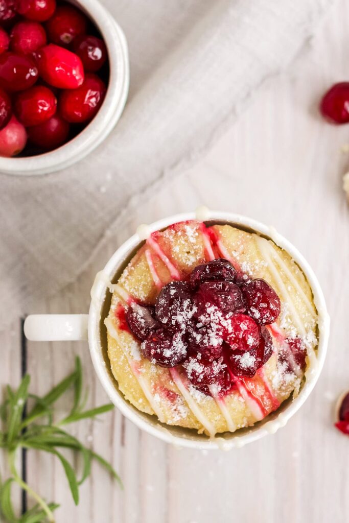 Overhead shot of keto cranberry mug cake.