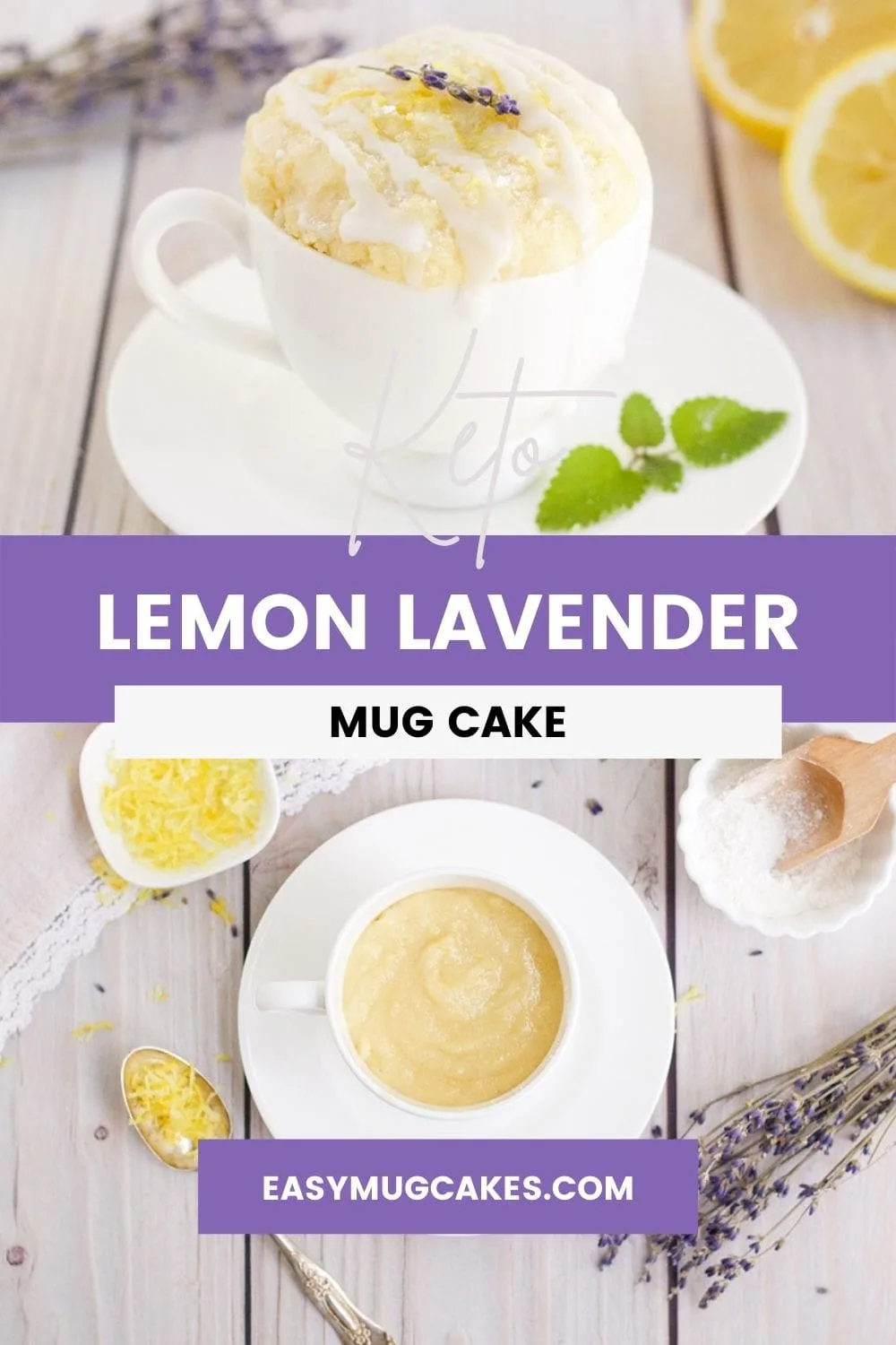 Lemon mug cake in a mug topped with lavender.