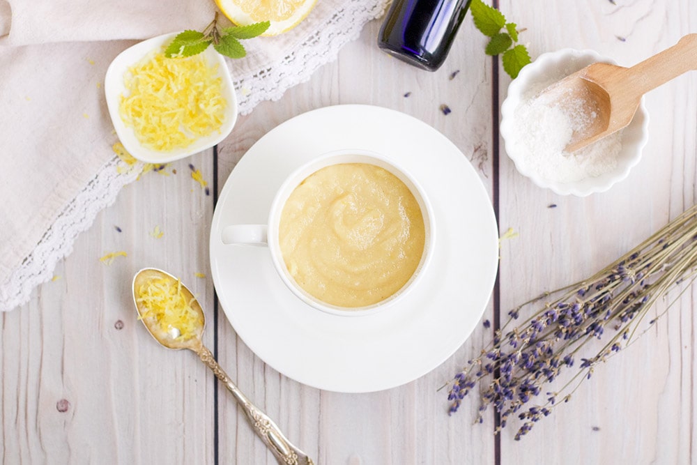 table of ingredients for lavender lemon mug cake