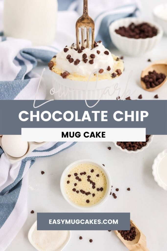 Keto chocolate chip mug cake with a fork in it and the batter with chips