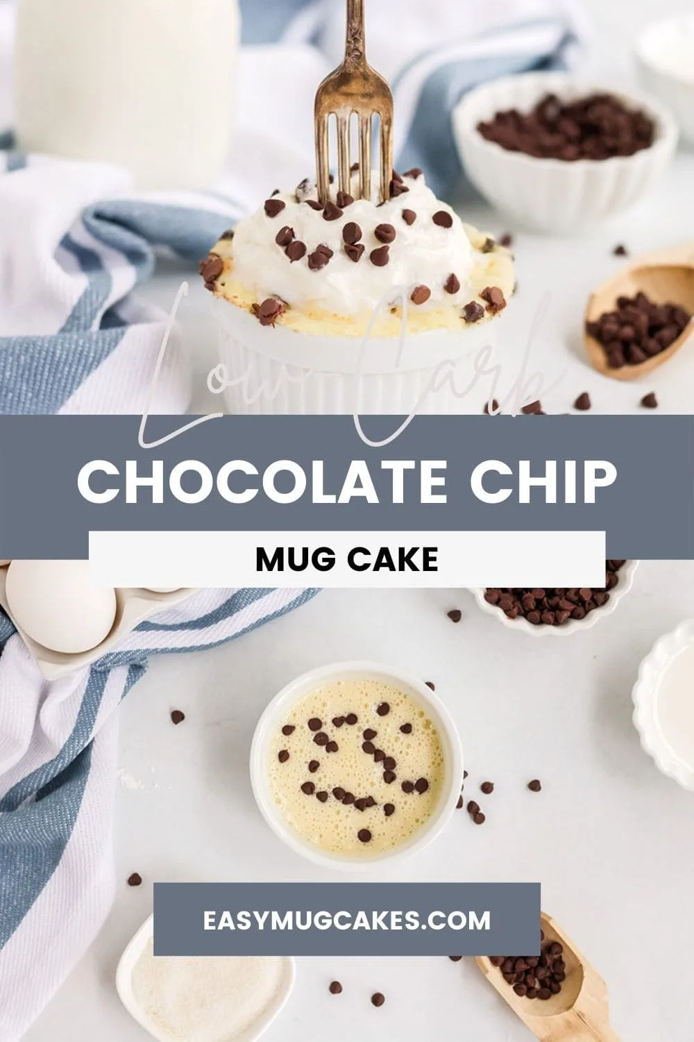 Keto chocolate chip mug cake with a fork in it and the batter with chips.