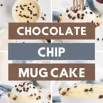 4 pictures of chocolate chip mug cake by blue napkins, milk, and chocolate chips