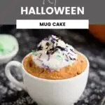 Pumpkin mug cake with Halloween colored coconut shreds on top