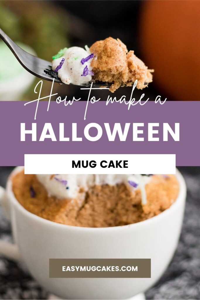 fork full of halloween mug cake with whipped cream above the mug