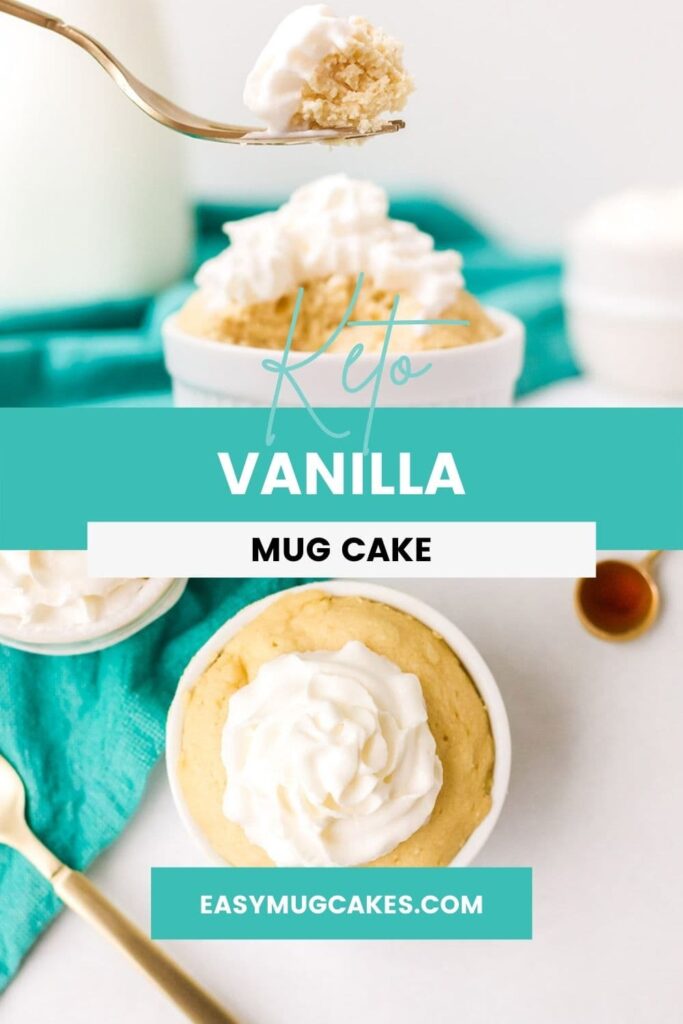 forkful of vanilla mug cake and overhead shot of mug cake