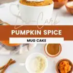 pumpkin mug cake with whipped cream and overhead shot of the ingredients