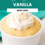low-carb mug cake with whipped cream with a green napkin