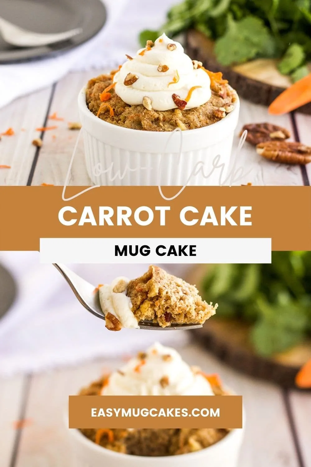 Carrot cake topped with cream cheese frosting in a ramekin and on a fork. 