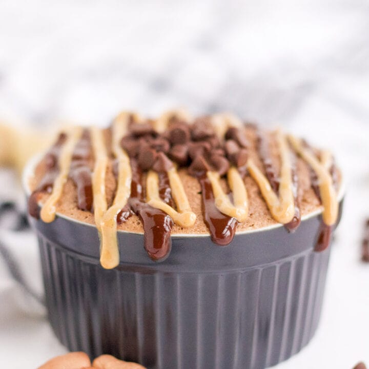 Chocolate peanut butter cake in a mug by chips and peanuts.