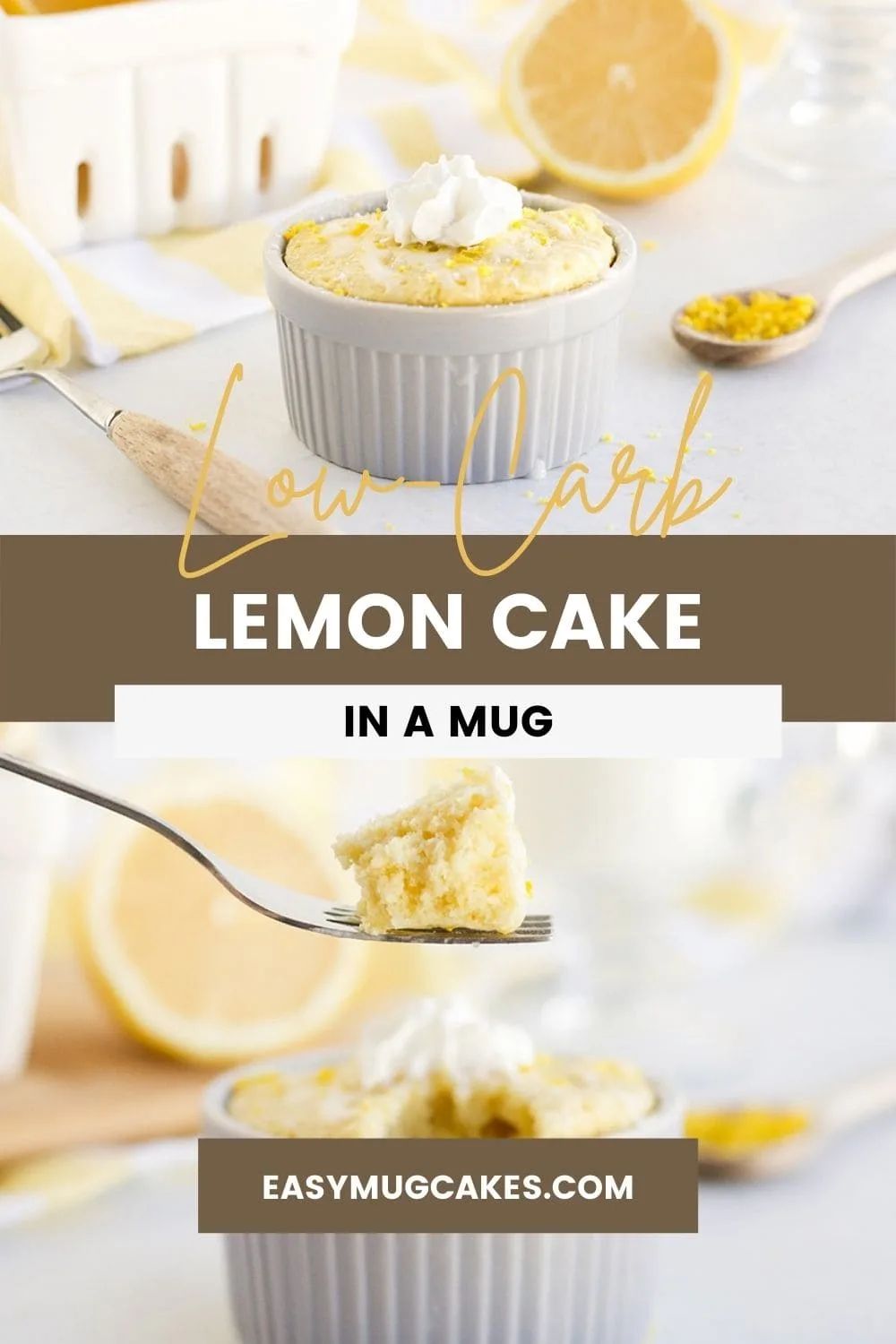 Lemon mug cake in a ramekin and a fork full of the cake. 