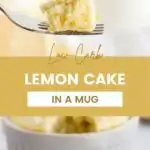 Fork full of lemon cake above the mug cake.