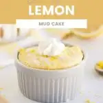 Lemon cake with whipped cream in a ramekin.