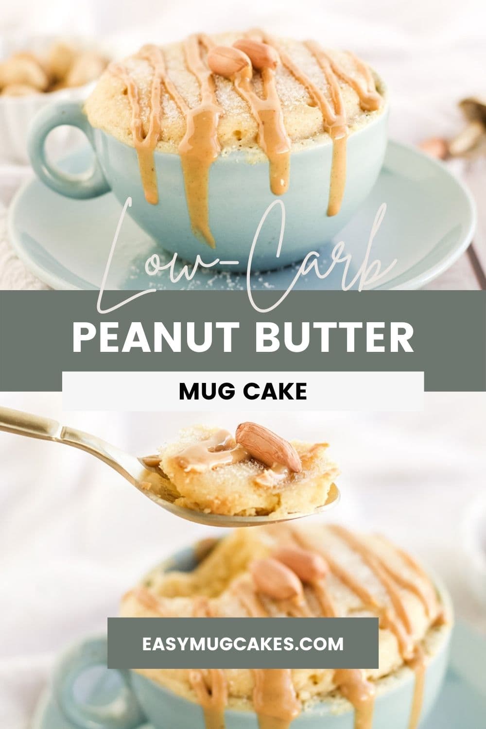 Peanut butter cake in a light blue mug and a spoonful of the cake.