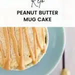 Peanut butter cake with peanut butter drizzles in a light blue mug.