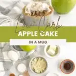 Fork with apple cake on it and ingredients to make an apple mug cake.