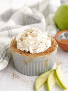 Cake topped with cinnamon and whipped cream in a gray dish with apple slices on the table.