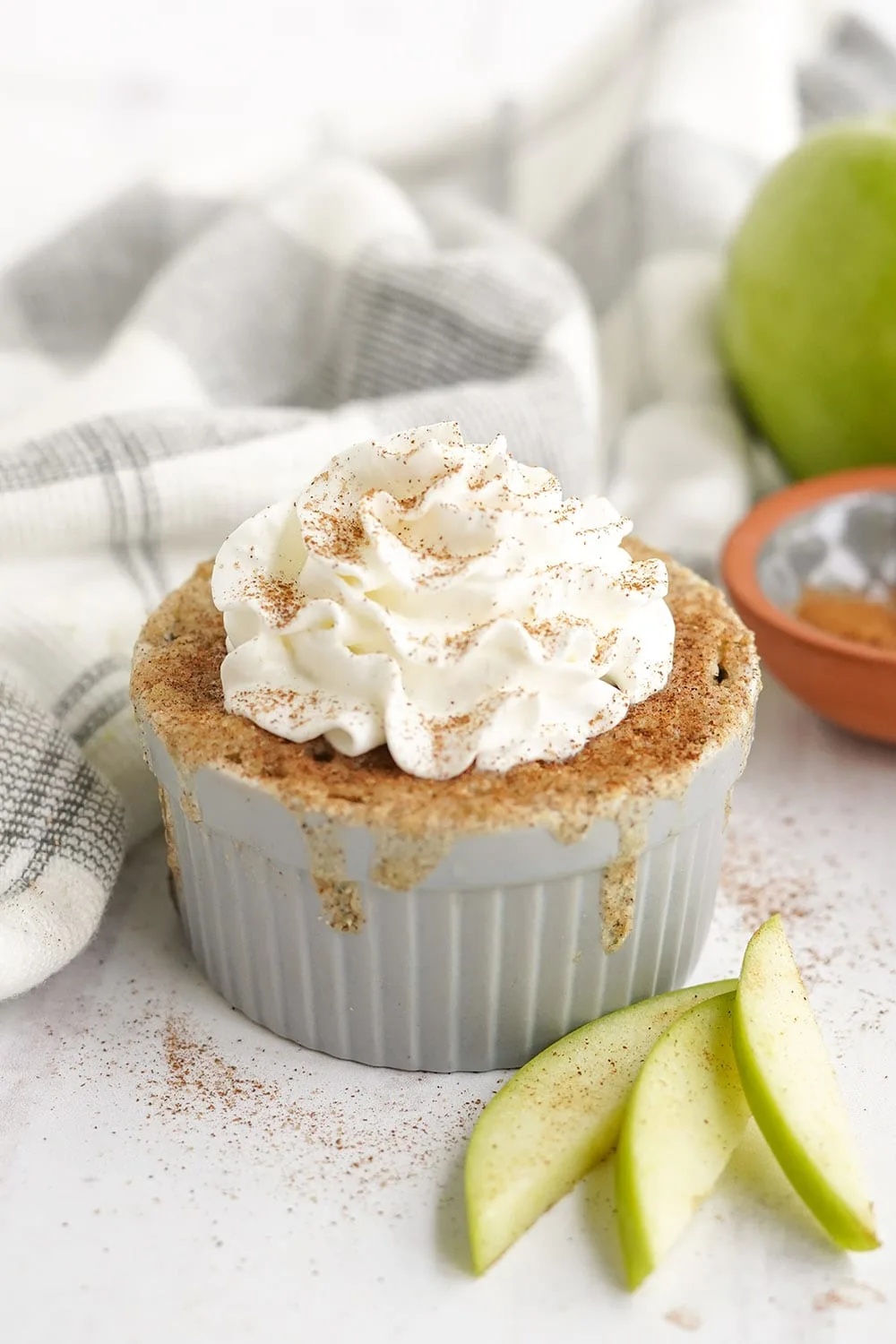 Cake topped with cinnamon and whipped cream in a gray dish with apple slices on the table.