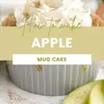 Whipped cream on top of a mug cake and apples and cinnamon on the table.