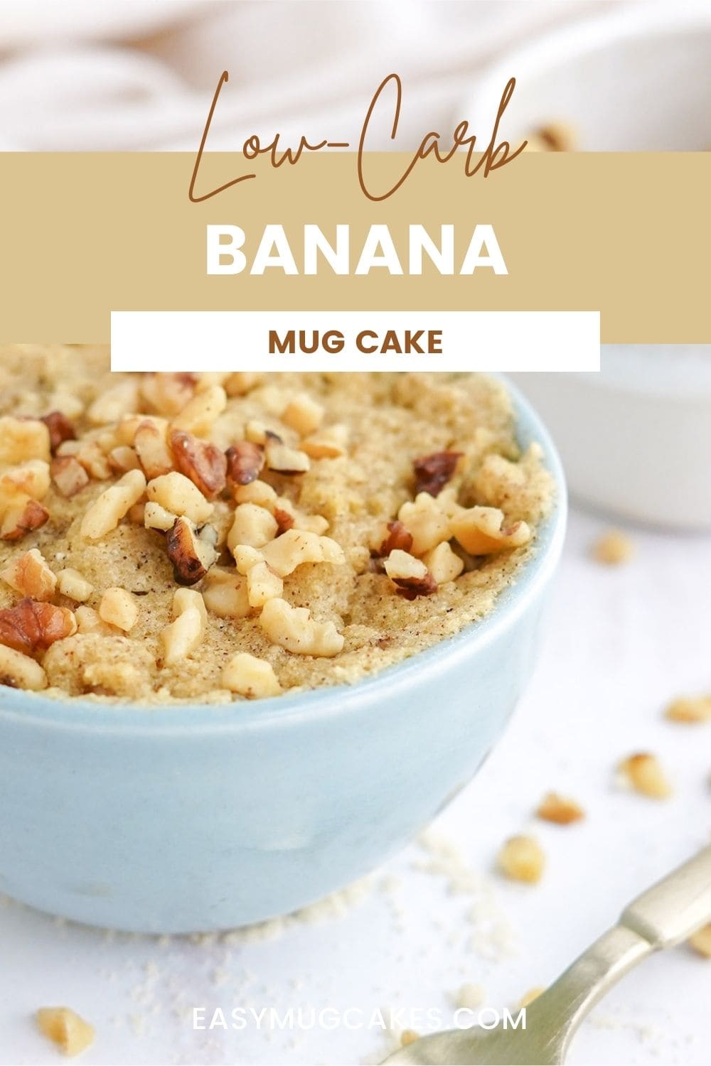 Banana nut mug cake in a light blue mug.