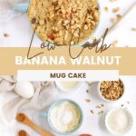 Overhead image of a banana walnut cake and ingredients to make it.