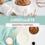 Chocolate whipped topping in a white dish and ingredients to make it on a table.