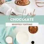 Chocolate whipped topping in a white dish and ingredients to make it on a table.
